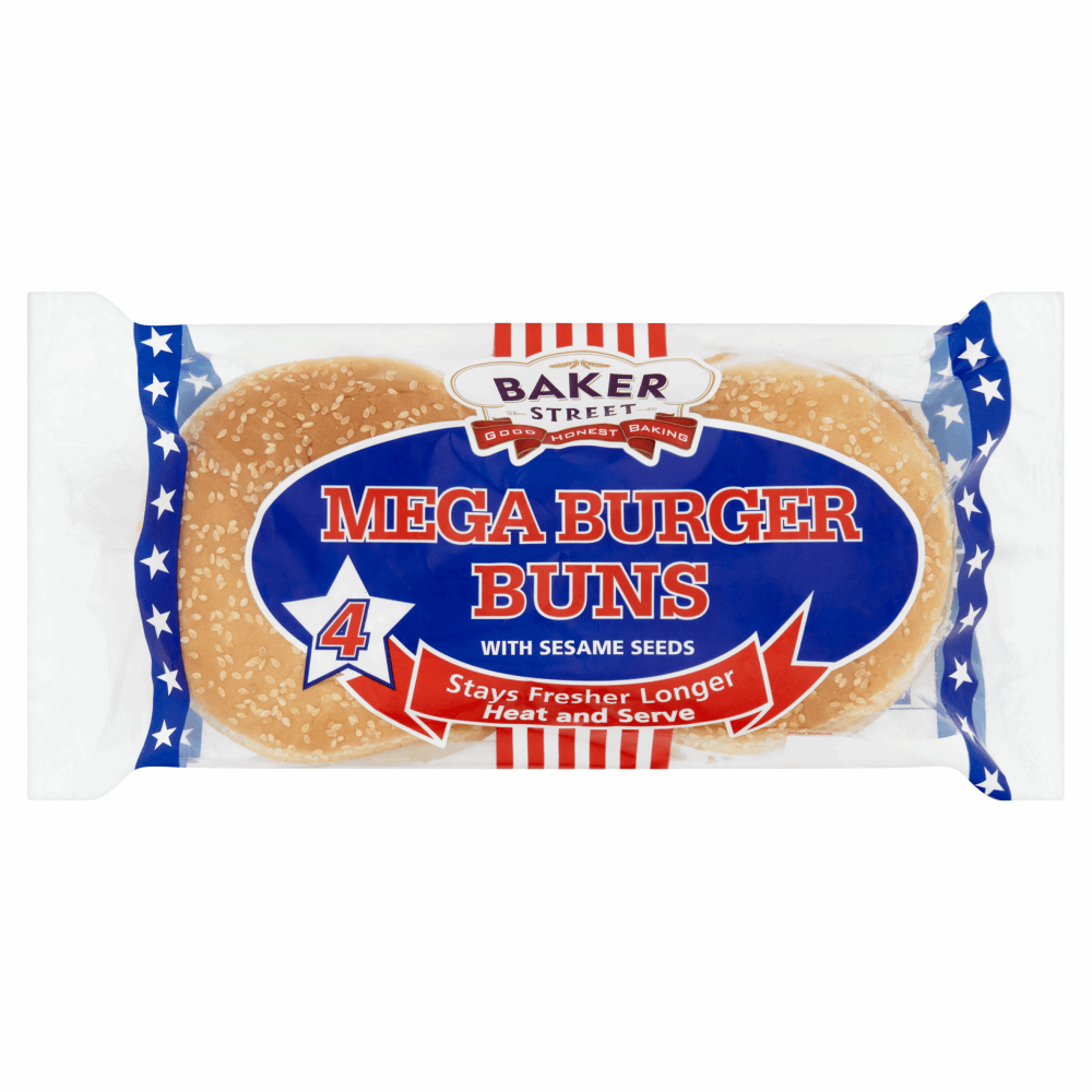 Baker Street 4 Mega Burger Buns with Sesame Seeds by British Store Online