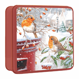 Grandma Wild's Embossed Robins with a Post Box Tin with Stem Ginger Biscuits & Clotted Cream & Choc Chip Shortbread Biscuits 160g Image
